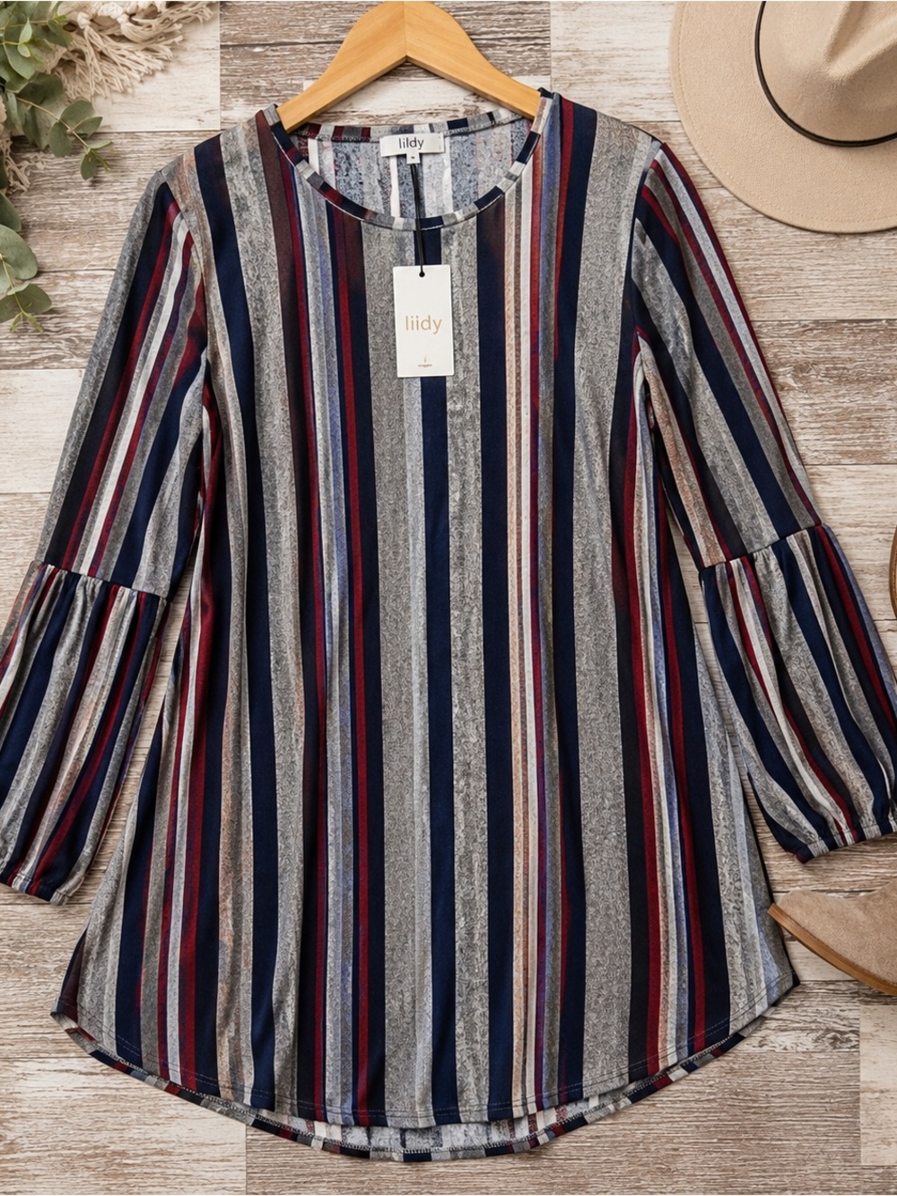 NWT Lildy Soft Striped Tunic Top Bishop Sleeve Gray Navy Burgundy L/XL